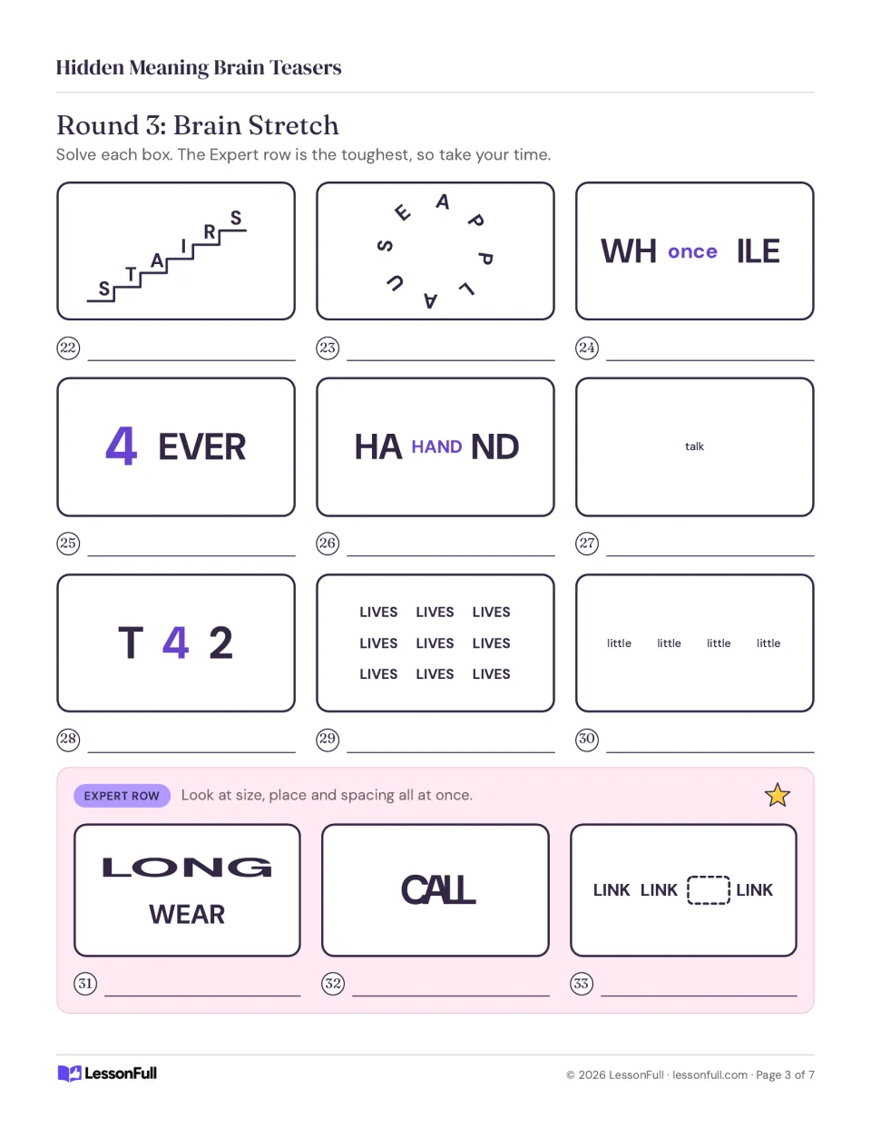 Round 3 rebus puzzles 22–33 include STAIRS going up, circular APPLAUSE, tiny talk and three expert puzzles