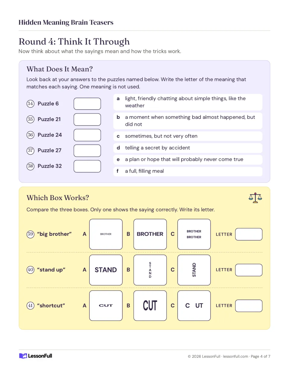 Round 4 tasks 34–41 match five sayings to meanings and choose rebuses for big brother, stand up and shortcut