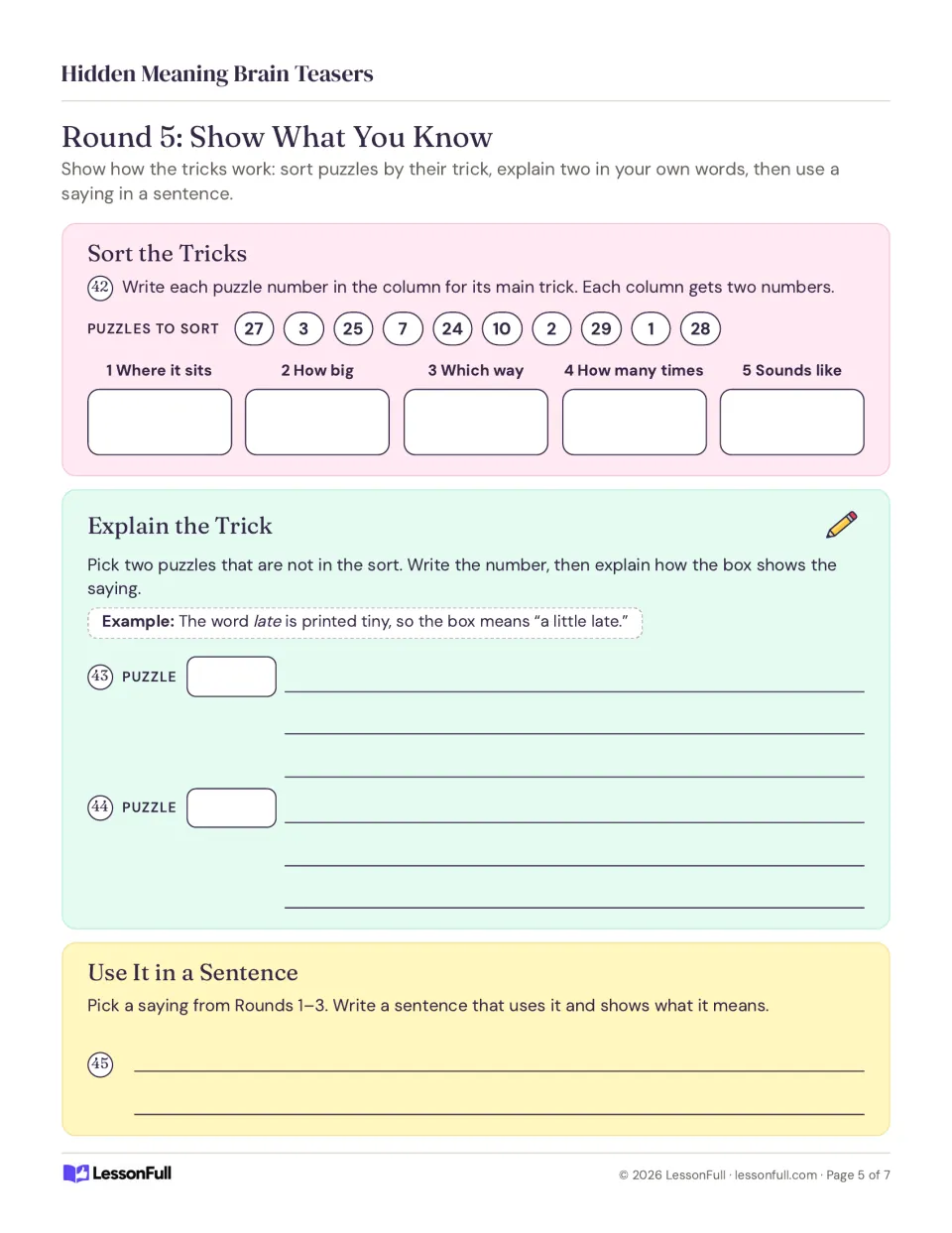 Round 5 tasks 42–45 ask students to sort ten rebuses by trick, explain two puzzles and use a saying in a sentence