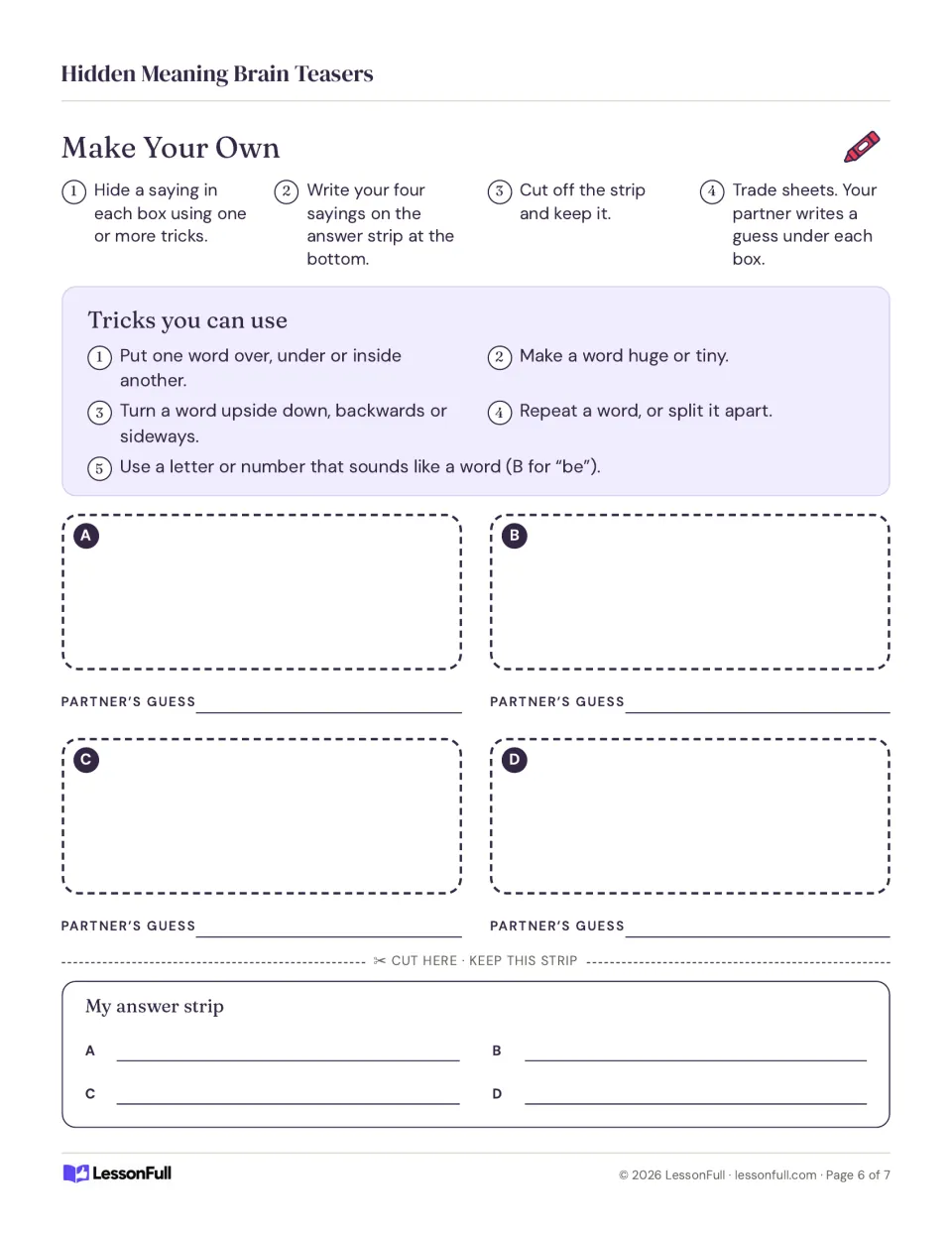 Make Your Own rebus activity asks students to create four puzzles, keep an answer strip and trade with a partner