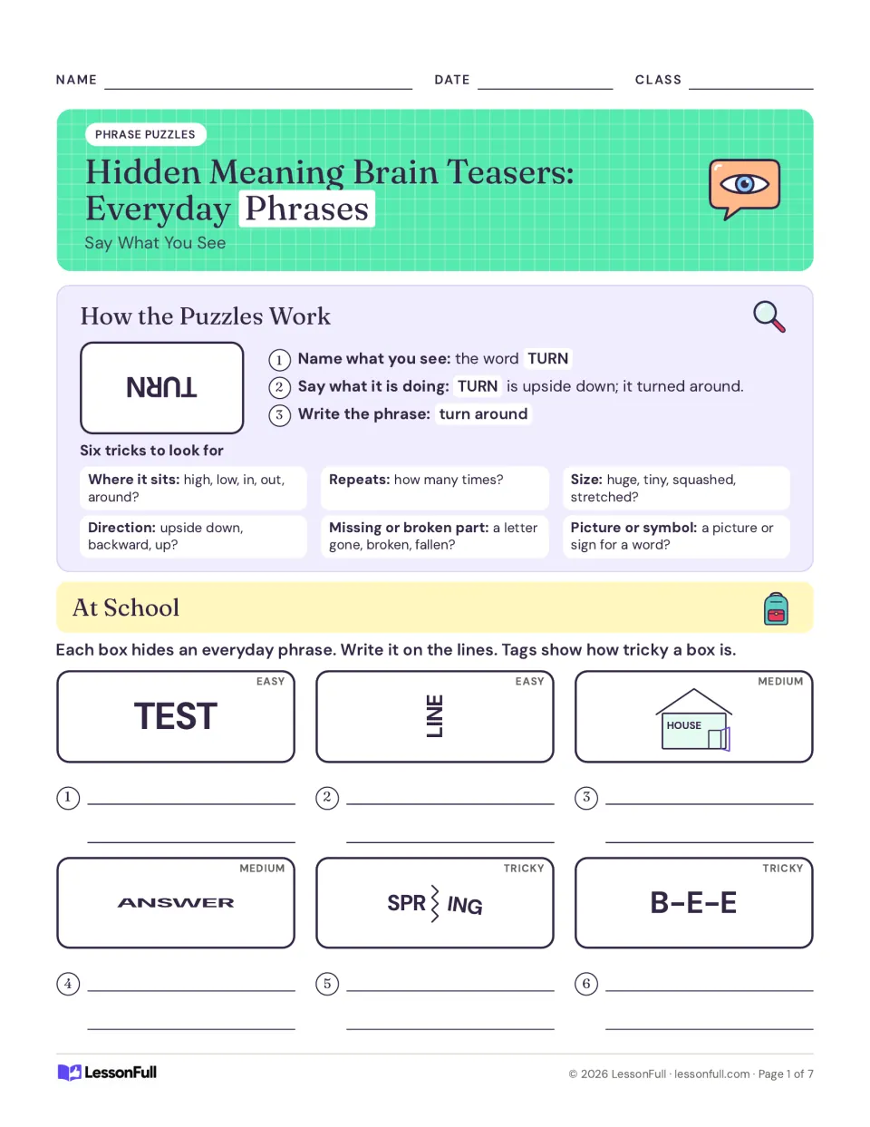 Rebus instructions introduce six clue types, followed by At School puzzles 1–6 using TEST, LINE and more.