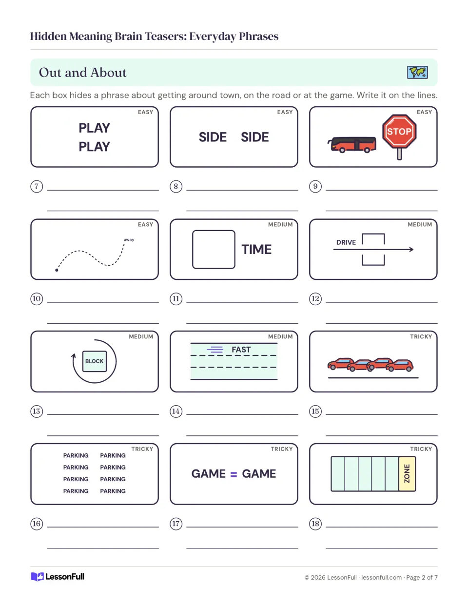 Out and About rebus puzzles 7–18 use repeated PLAY, SIDE beside SIDE, a bus and stop sign, and more.