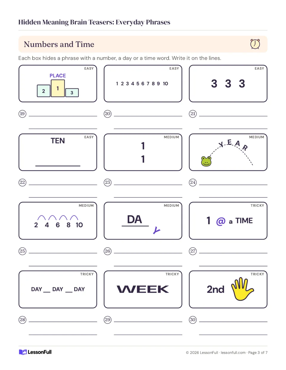 Numbers and Time rebus puzzles 19–30 feature a numbered podium, counting to ten, three 3s and more.