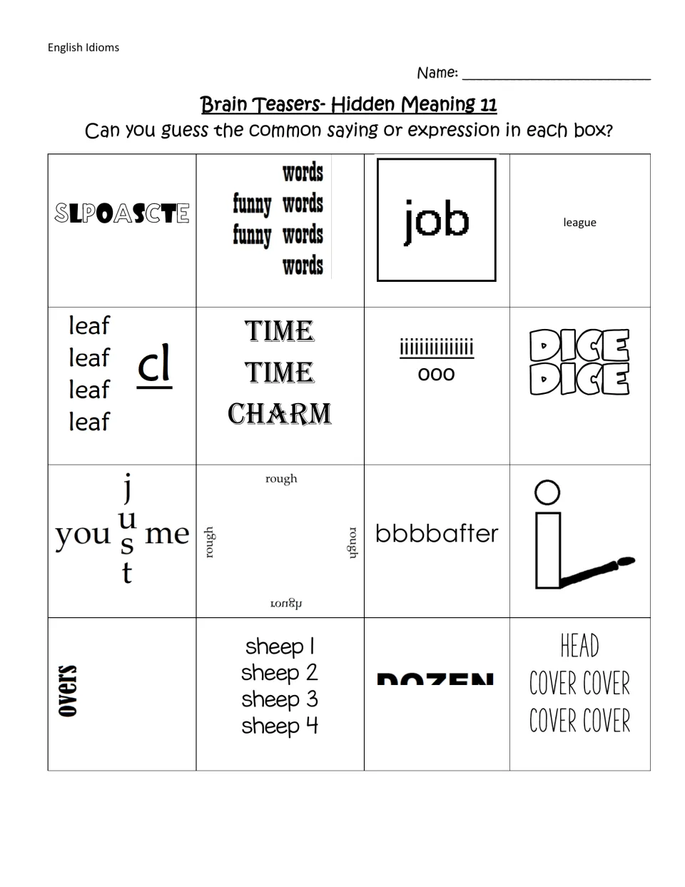 Hidden Meaning 11 idiom puzzles: students solve 16 word pictures, including sheep 1 to 4, TIME TIME CHARM and HEAD COVER