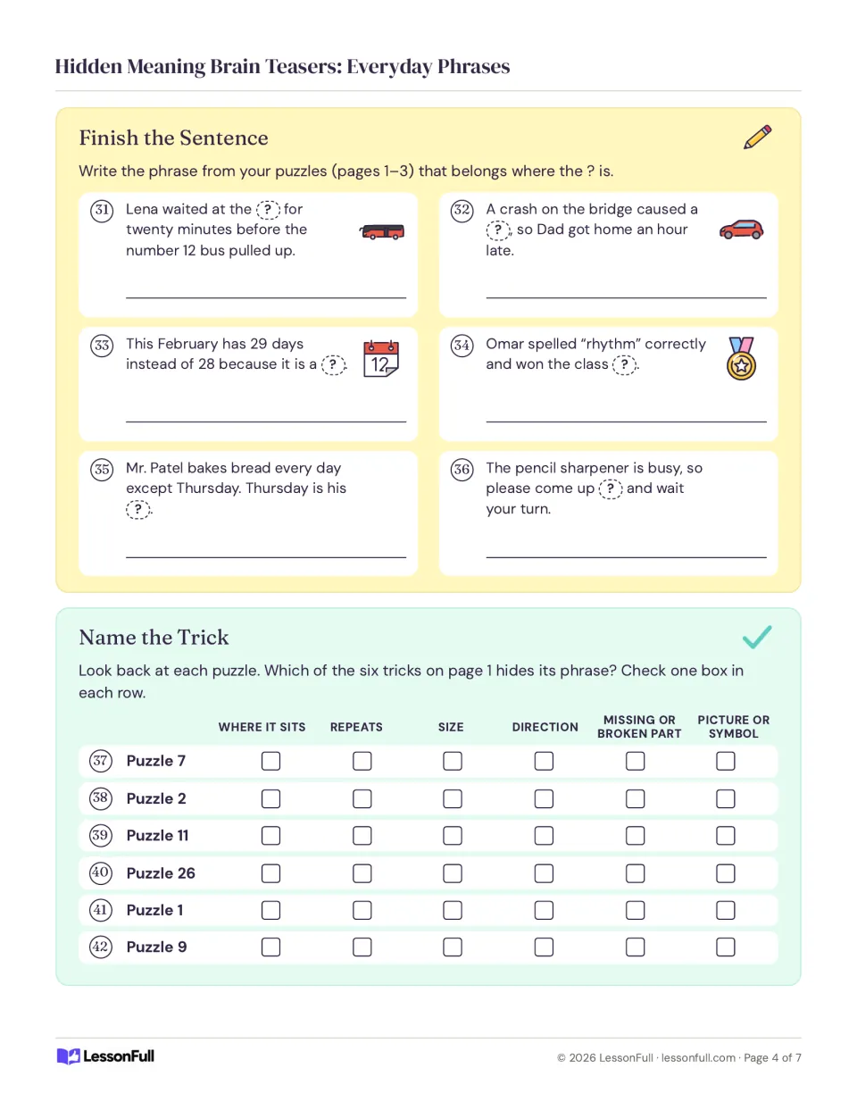 Follow-up items 31–42 ask students to complete six sentences with puzzle phrases and identify six clue types.