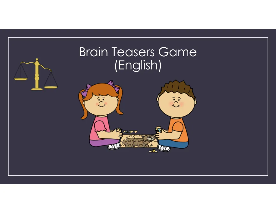 Brain Teasers Game (English) cover showing two cartoon children doing a jigsaw puzzle beside a balance scale