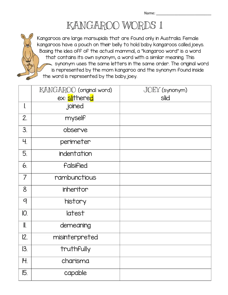 Kangaroo Words 1: students find the hidden synonym inside 15 words such as joined, myself, observe and perimeter