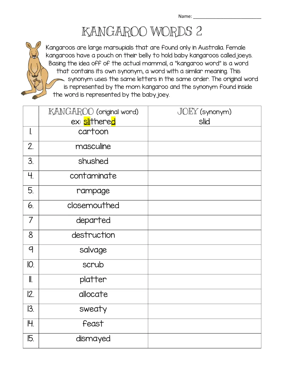 Kangaroo Words 2: students find the hidden synonym inside 15 words such as cartoon, masculine, shushed and rampage