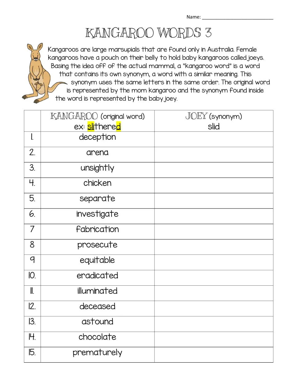 Kangaroo Words 3: students find the hidden synonym inside 15 words such as deception, arena, unsightly and chicken