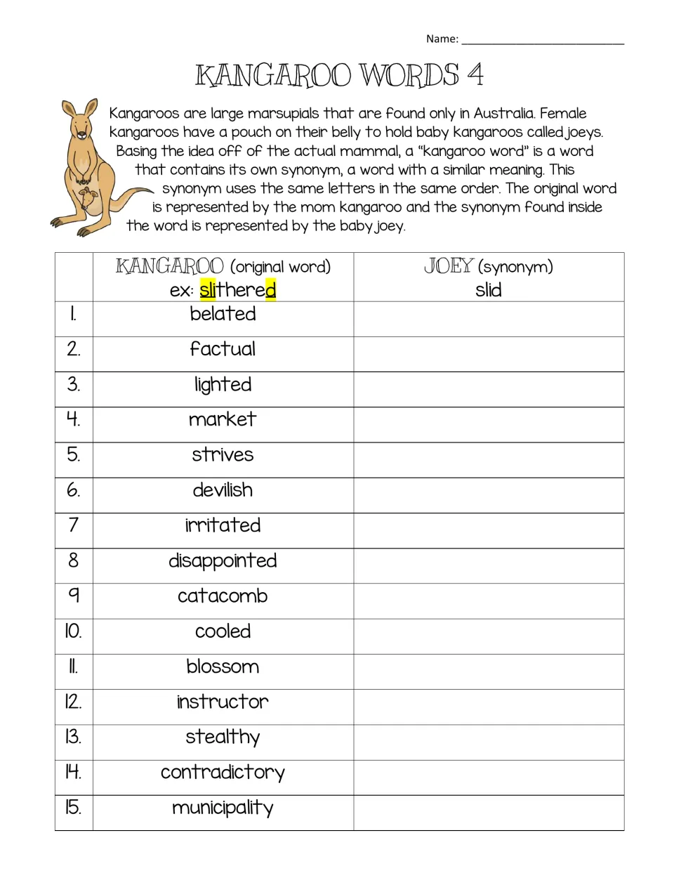Kangaroo Words 4: students find the hidden synonym inside 15 words such as belated, factual, lighted and market