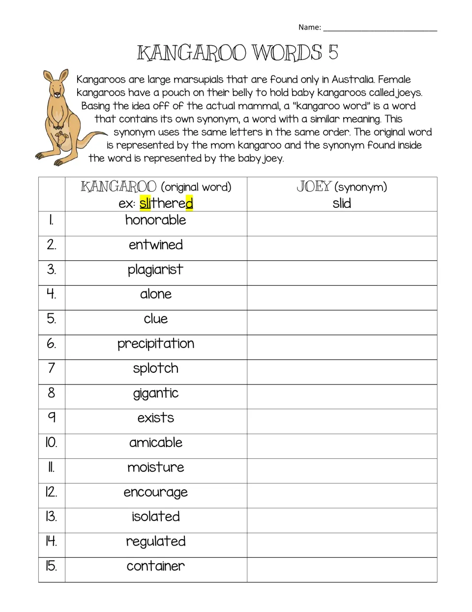 Kangaroo Words 5: students find the hidden synonym inside 15 words such as honorable, entwined, plagiarist and alone