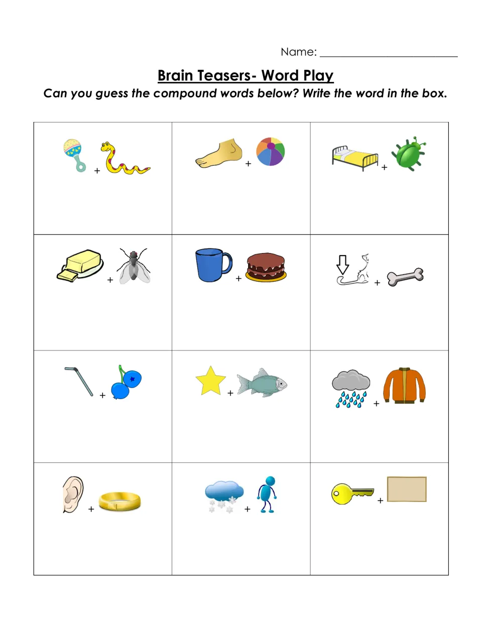 Compound word picture puzzles: students name 12 picture pairs like foot + ball and star + fish, then write each word