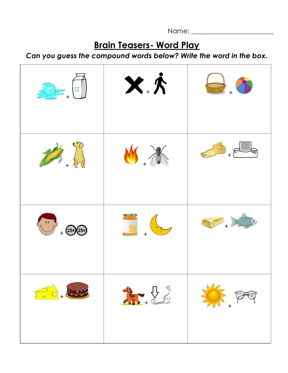 Picture-pair compound word riddles: students combine images such as corn + dog and sun + glasses and write the word