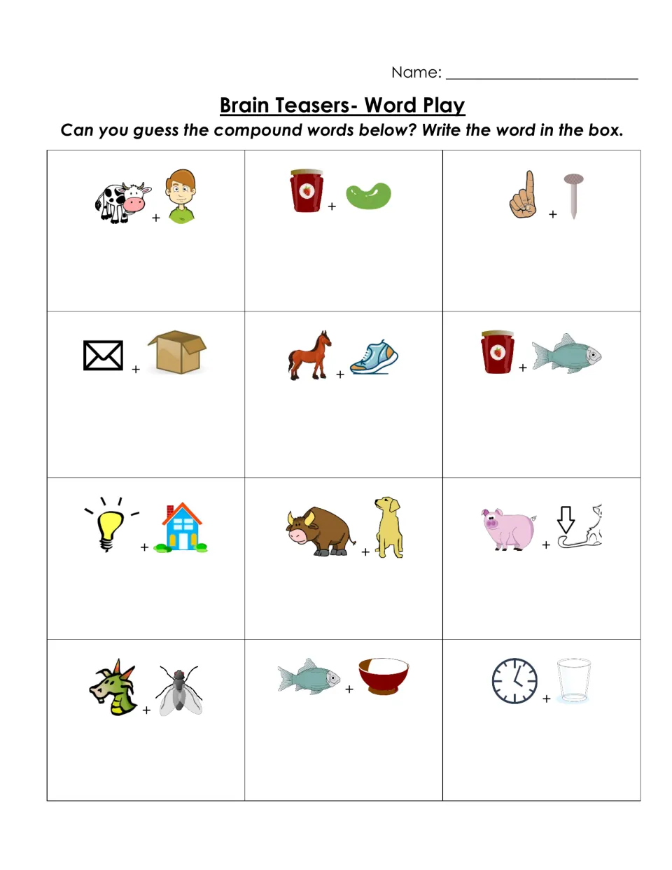 Compound words from pictures: students solve 12 pairs such as cow + boy and horse + shoe, writing each answer word
