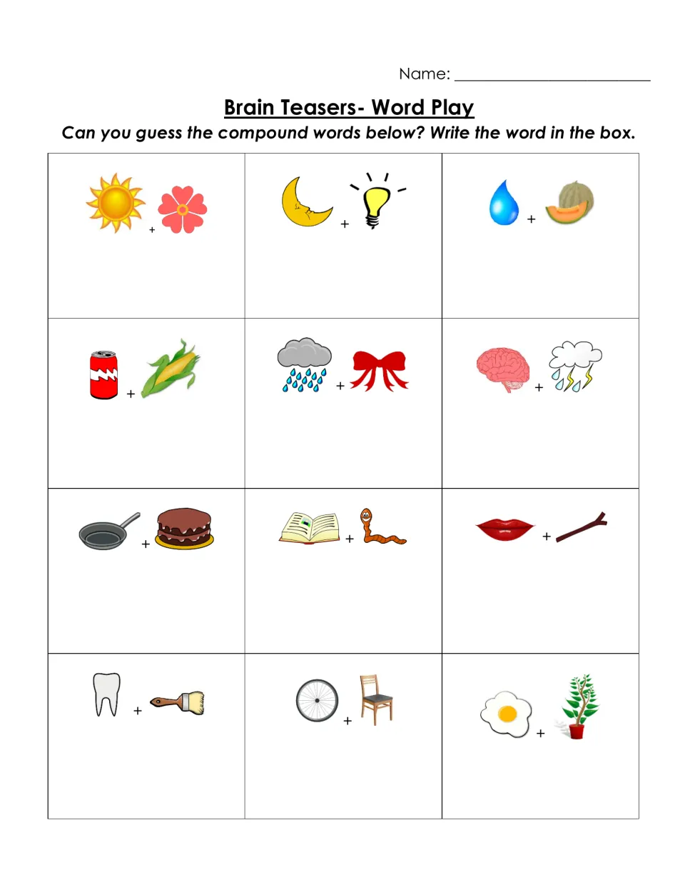Picture compound word puzzles: students join pairs like sun + flower and tooth + brush and write each compound word
