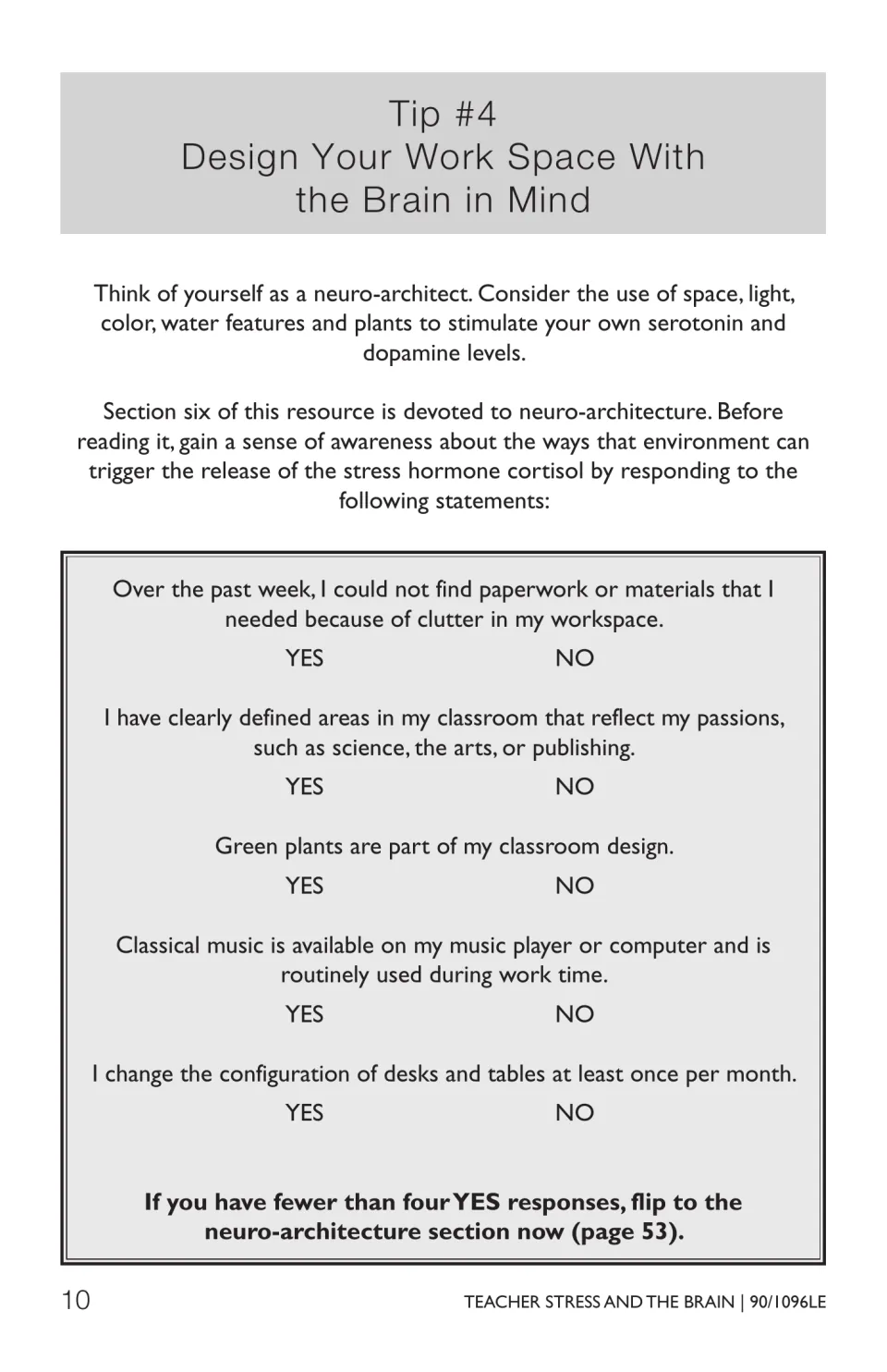 Tip #4, Design Your Work Space With the Brain in Mind: five yes/no statements on clutter, plants, music and desk layout
