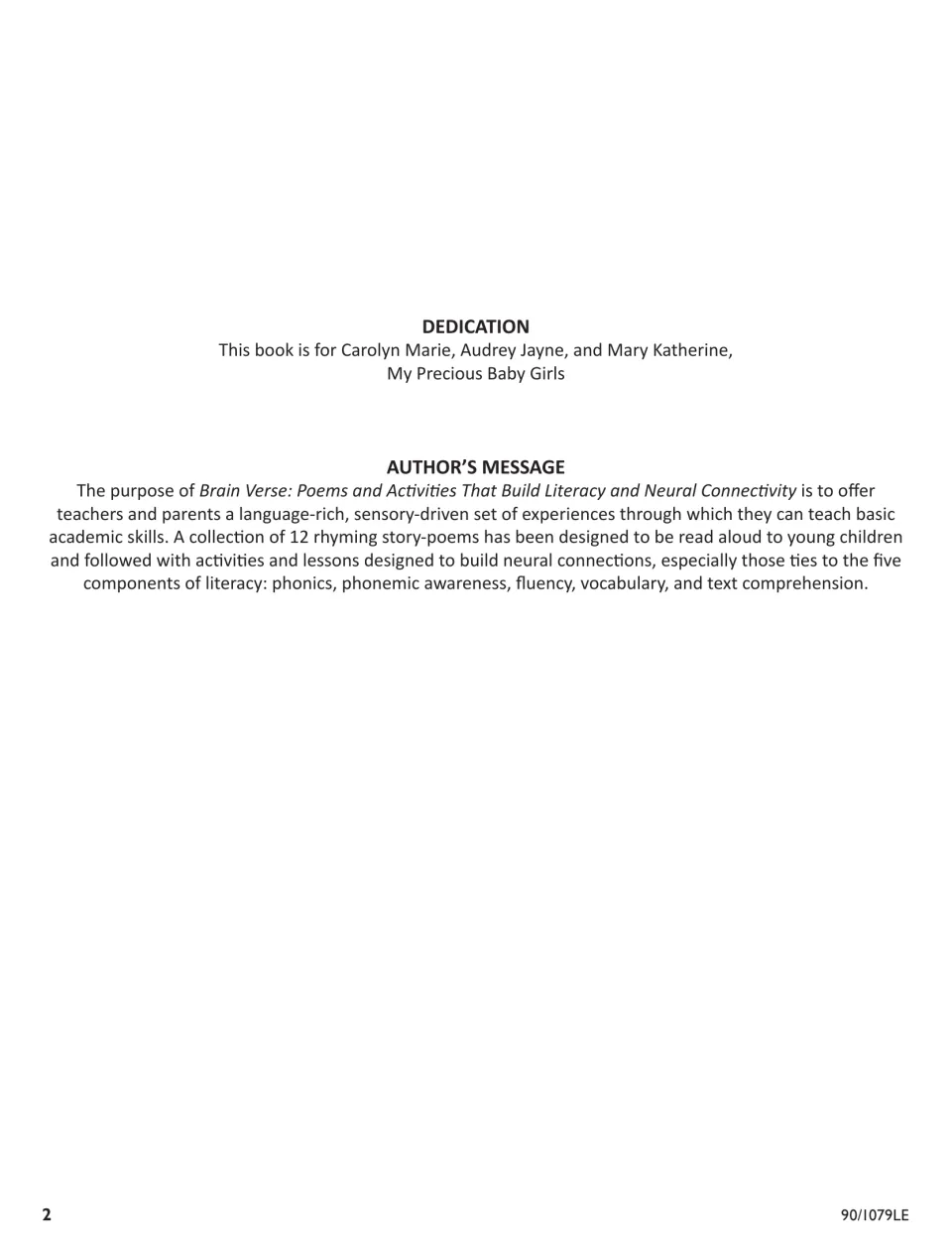 Dedication and author's message introducing 12 rhyming story-poems and activities for five literacy components