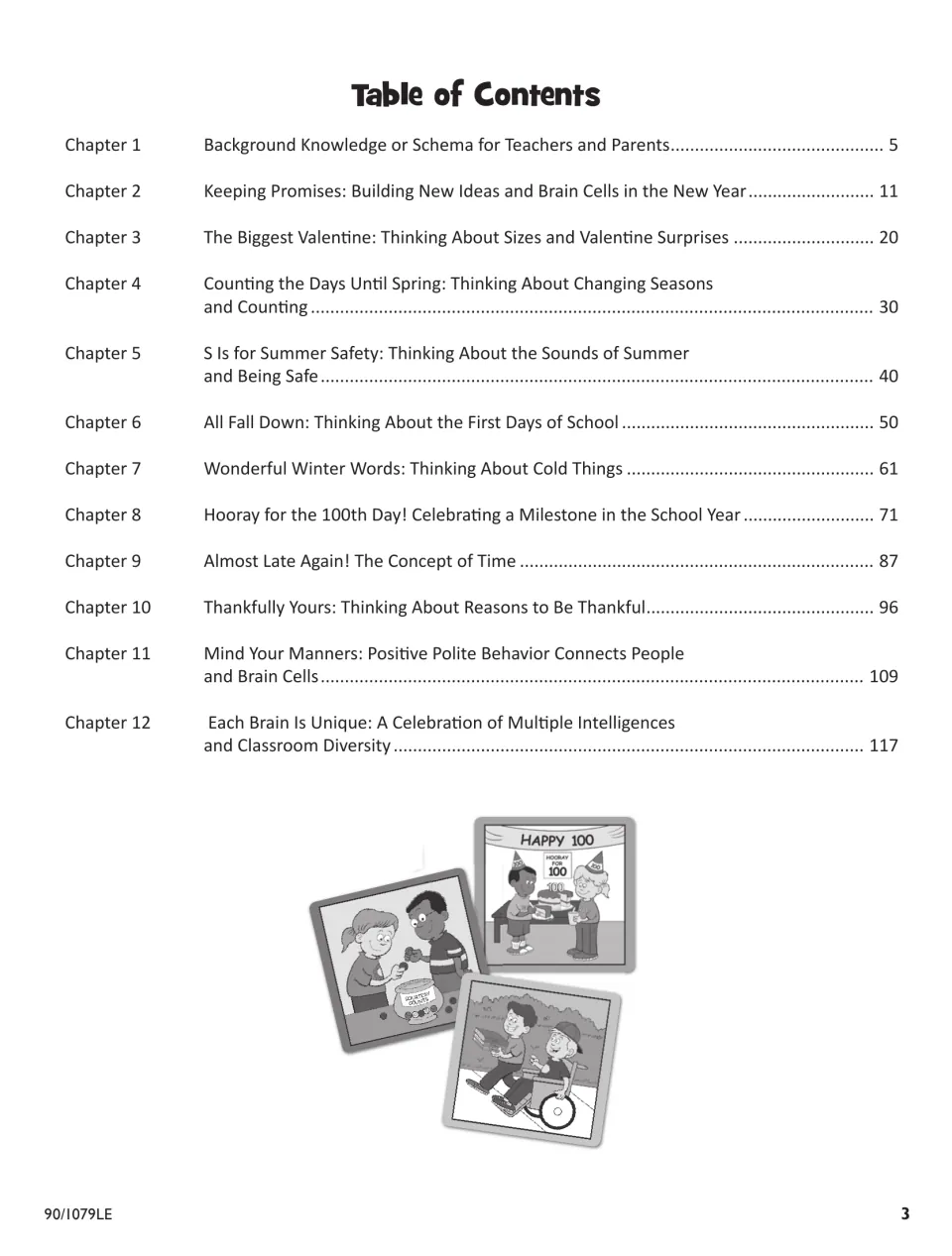 Table of contents listing 12 chapters on background knowledge, seasons, the 100th day, time, and manners