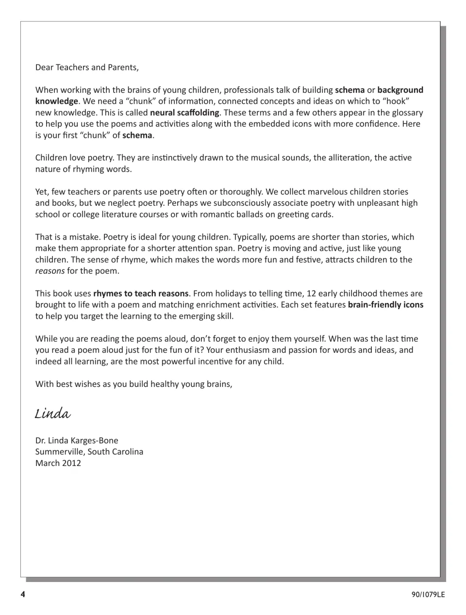 Letter to teachers and parents explaining schema, neural scaffolding, and the book's use of rhyming poems