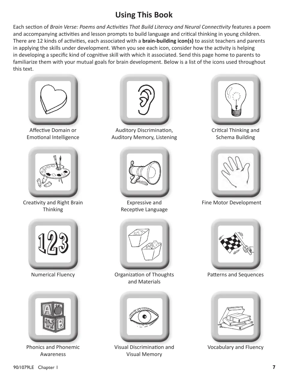Using This Book guide explaining 12 activity icons for skills including listening, phonics, and fine motor