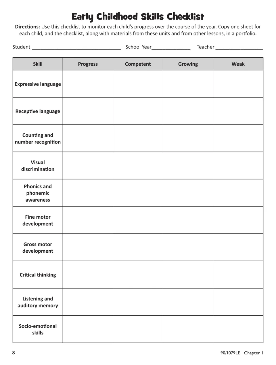 Early Childhood Skills Checklist for tracking language, counting, motor, thinking, and socio-emotional skills