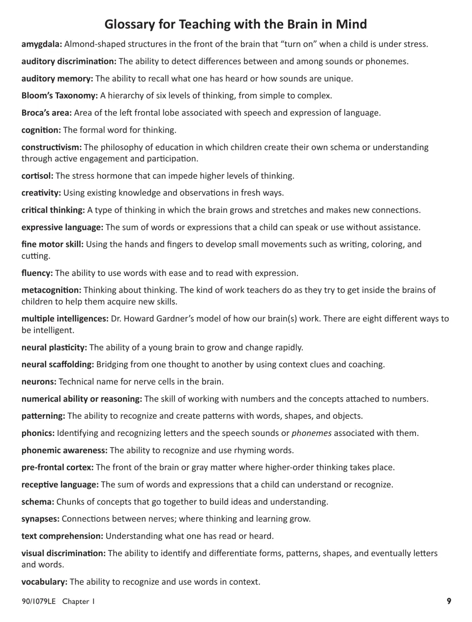 Teaching glossary defining brain and learning terms, including cognition, schema, phonics, and vocabulary