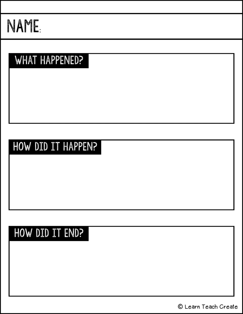 Event recount planner: students answer What happened?, How did it happen? and How did it end? to retell an event