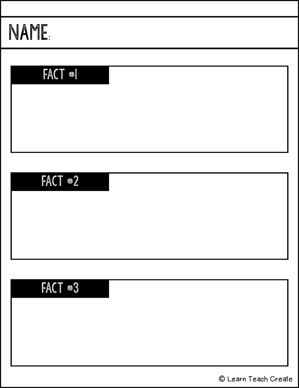 Three-fact organizer: students record Fact #1, Fact #2 and Fact #3 to gather information on a topic before writing