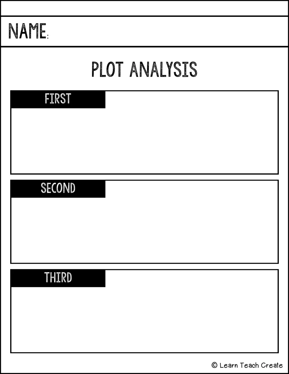 Plot analysis in three steps: students sequence a story's events under First, Second and Third headings