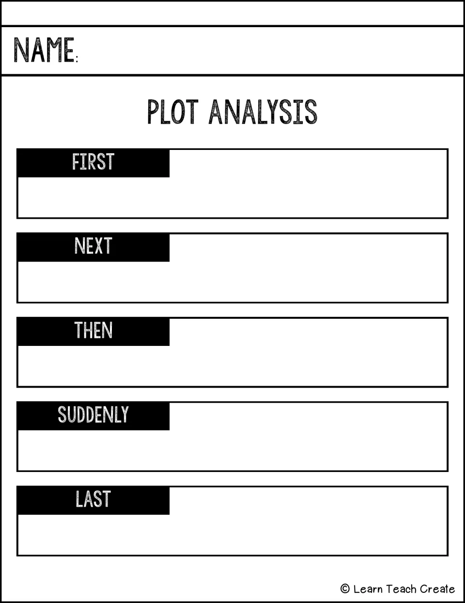 Plot analysis sequencing with transition words: students list events under First, Next, Then, Suddenly and Last