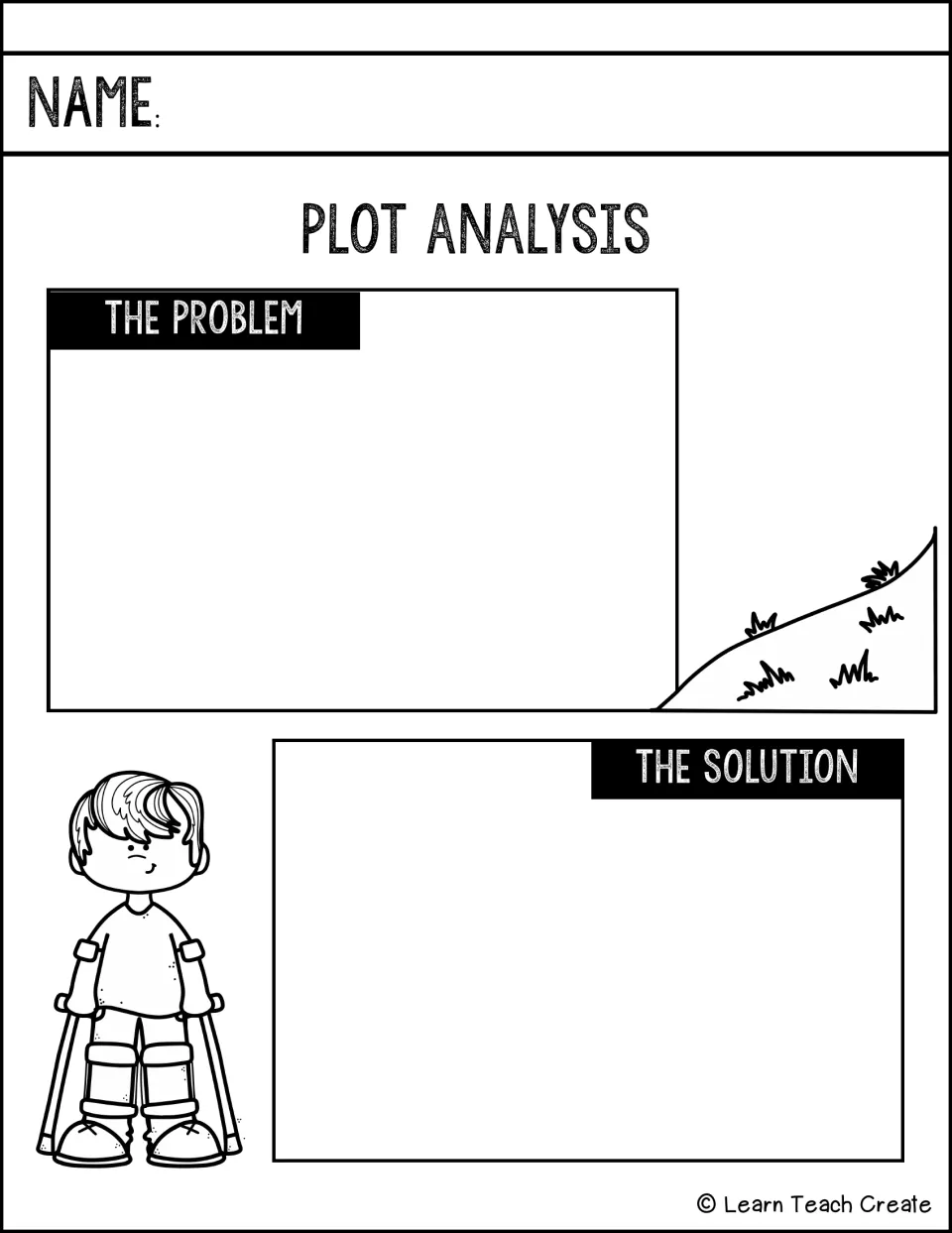 Plot analysis of conflict: students describe the problem and the solution in a story, with a boy on crutches by a hill