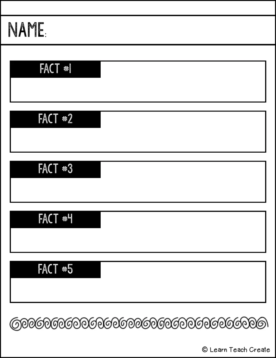 Five-fact organizer: students record Fact #1 through Fact #5 to collect details for an informational piece