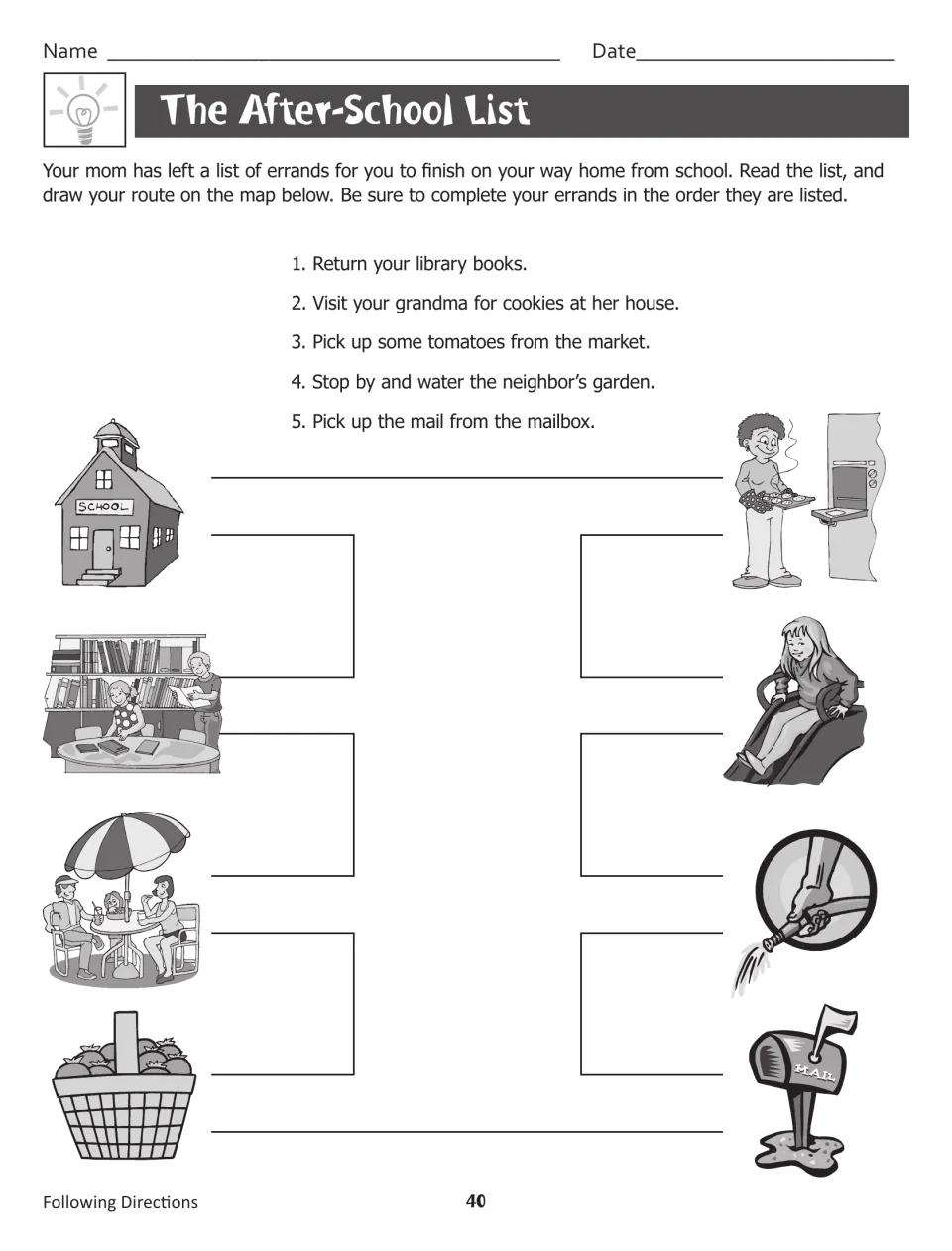 The After-School List: students draw a route on a map to the library, grandma, market, garden and mailbox in list order