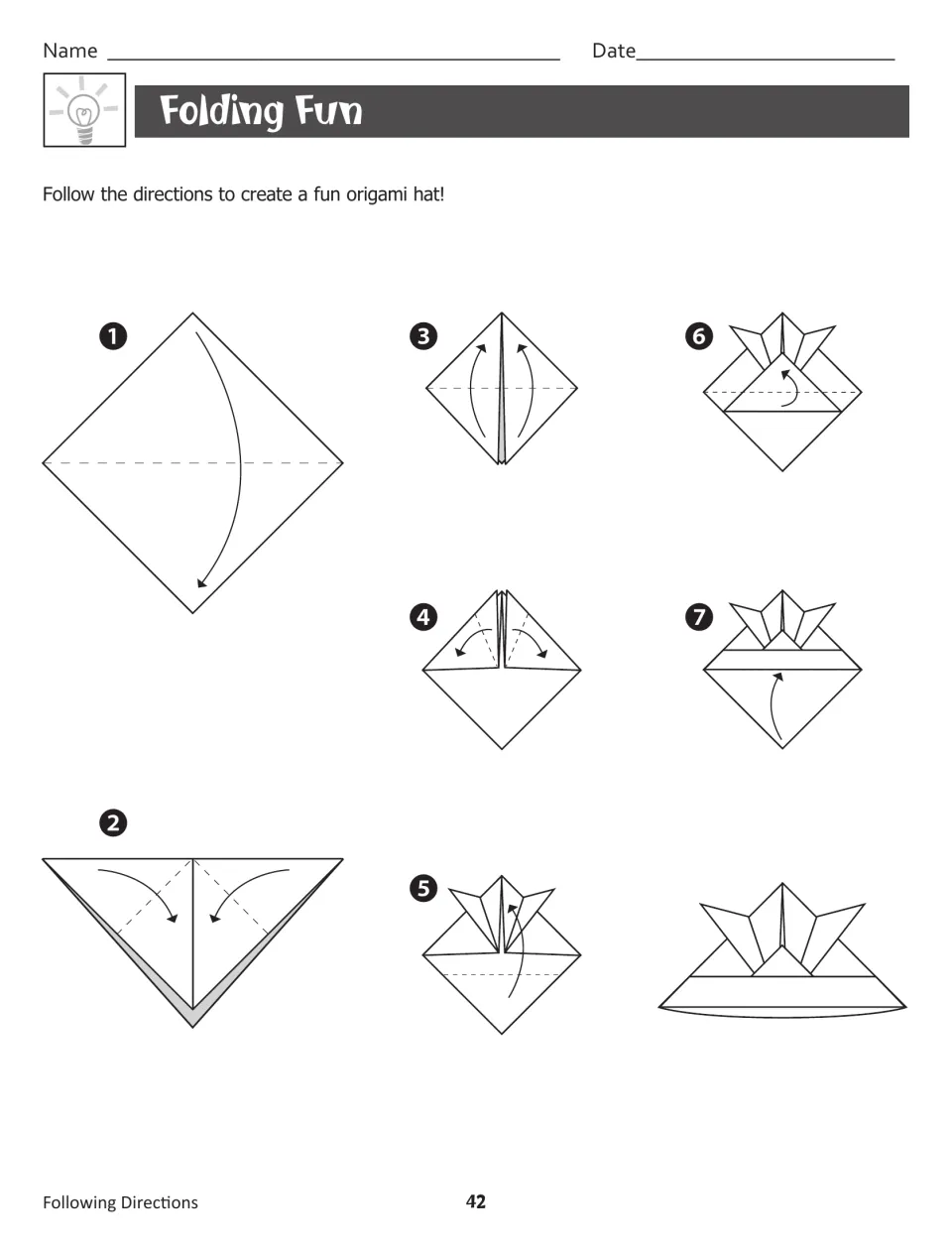 Folding Fun: students follow seven numbered diagrams with fold lines and arrows to fold a paper origami hat