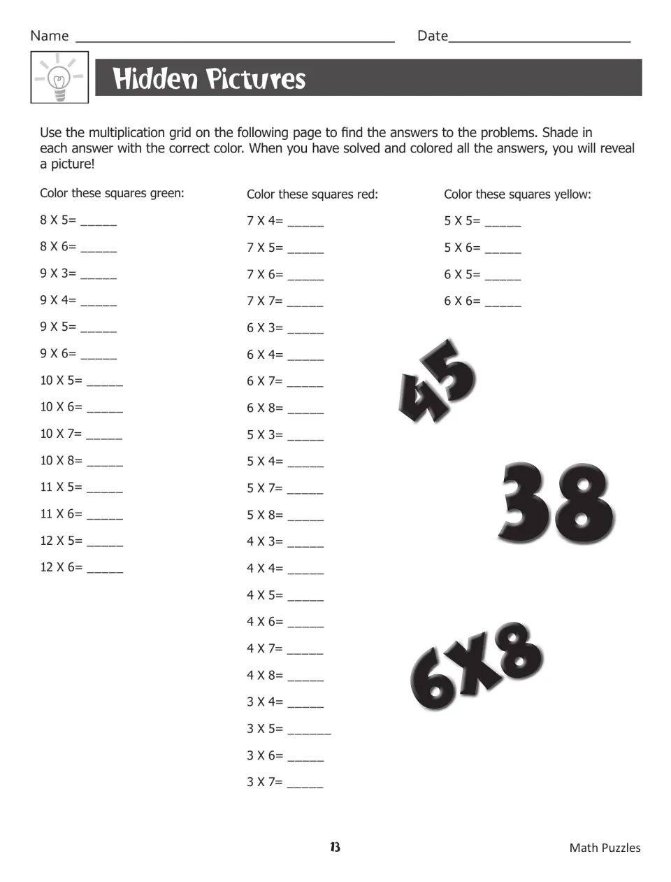 Hidden Pictures multiplication problems assign green, red, or yellow to answers on the following chart