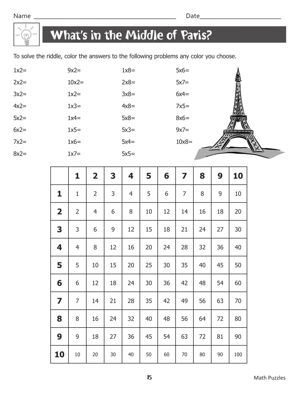 What’s in the Middle of Paris? asks students to color multiplication answers on a chart to solve a riddle