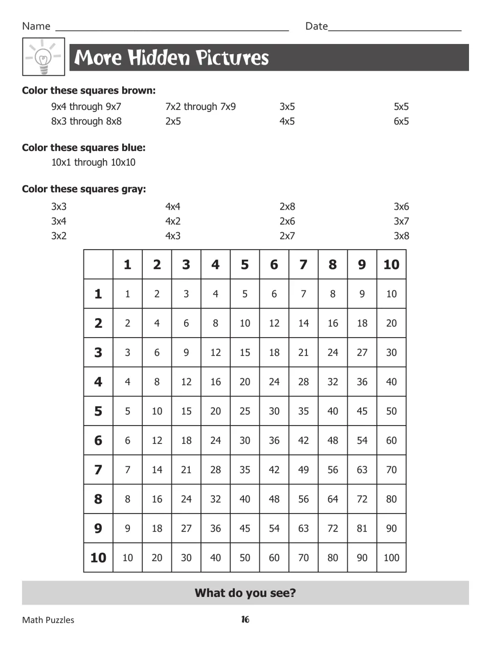 More Hidden Pictures assigns brown, blue, and gray to multiplication chart entries, then asks what students see