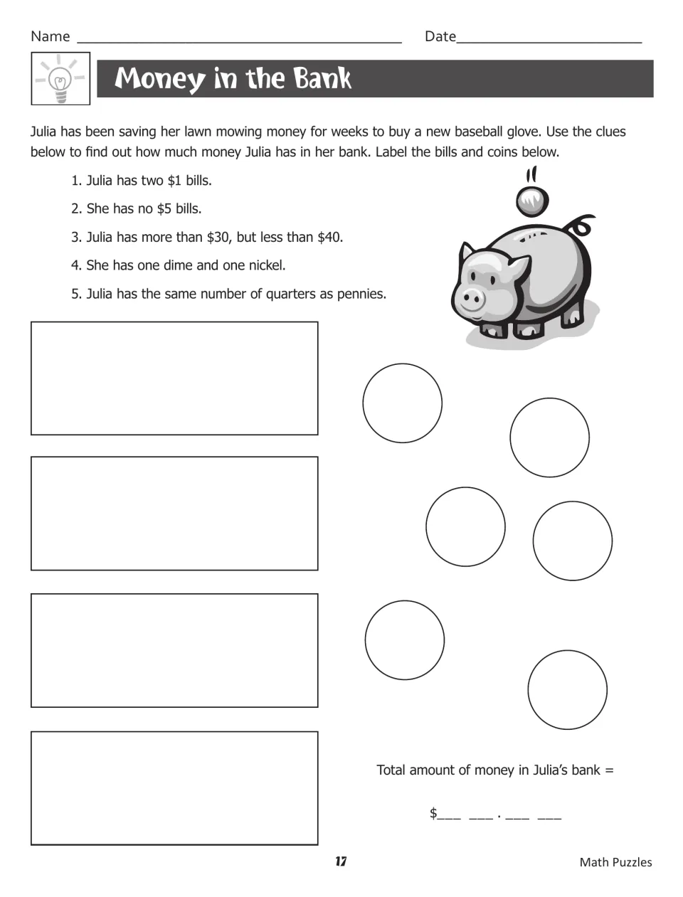 Money in the Bank gives five clues to label Julia’s four bills and six coins and calculate her savings