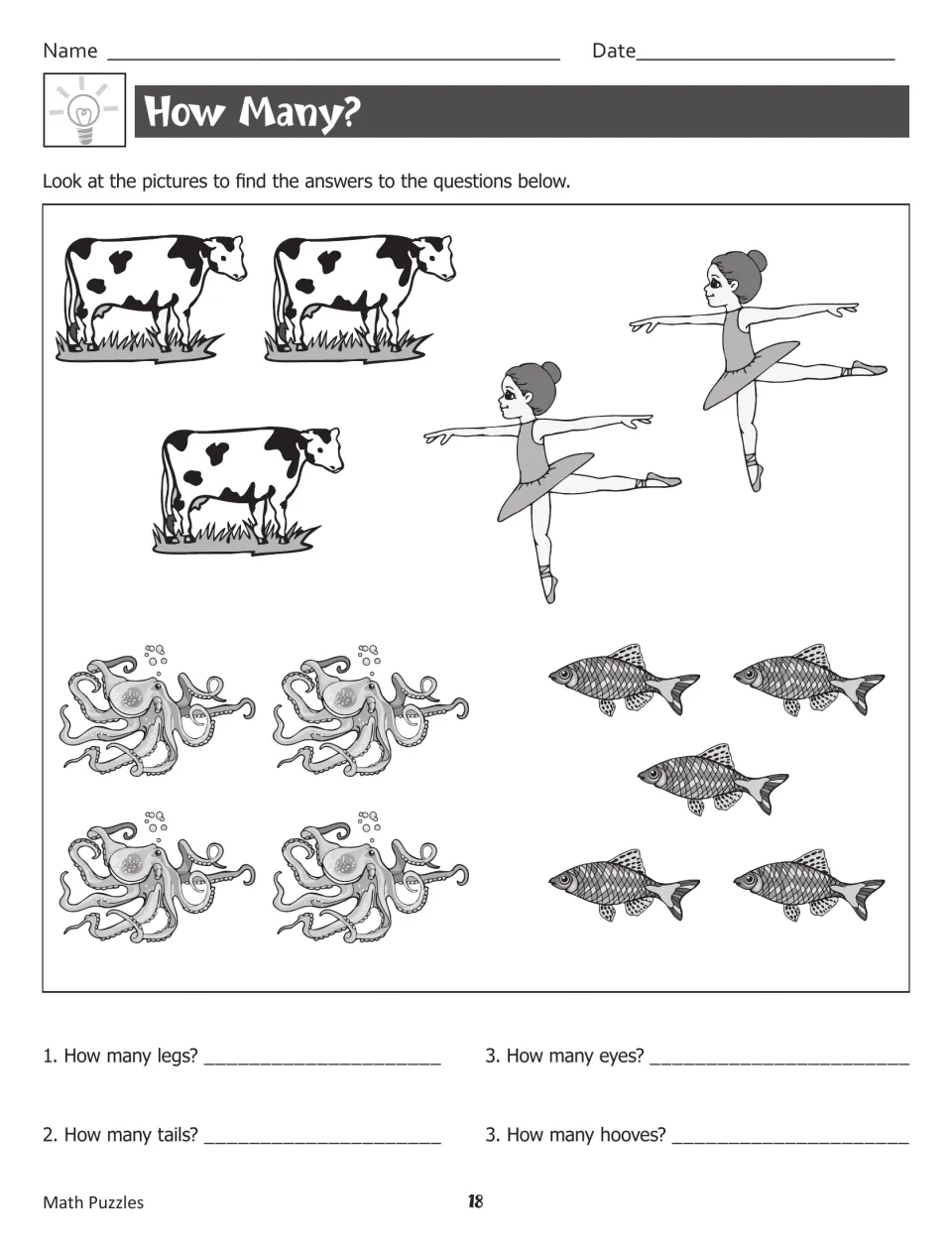 How Many? asks students to count legs, tails, eyes, and hooves using cows, dancers, octopuses, and fish