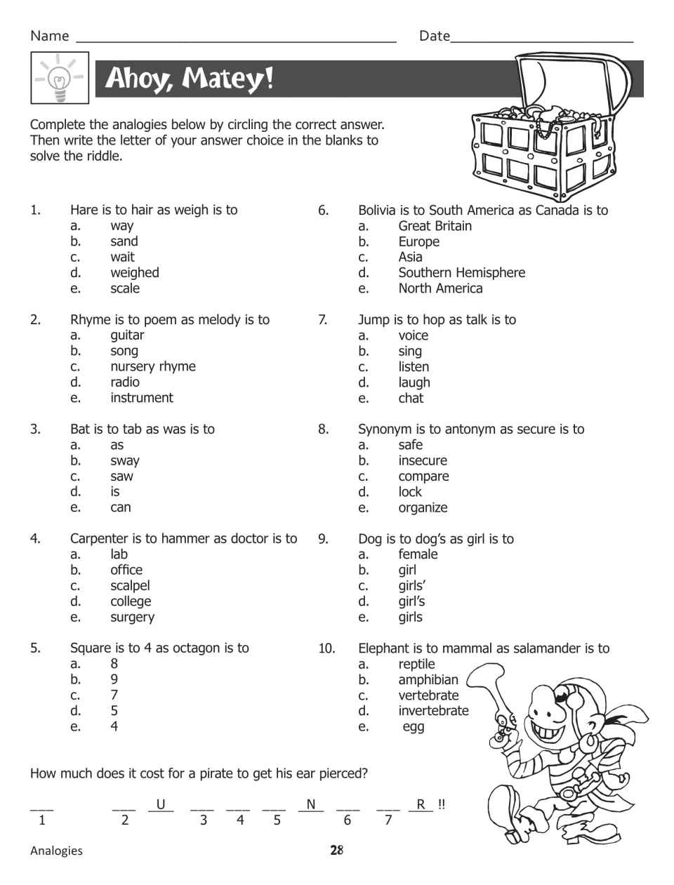 Ahoy, Matey!: students circle answers to 10 multiple-choice analogies, then use the letters to solve a pirate riddle