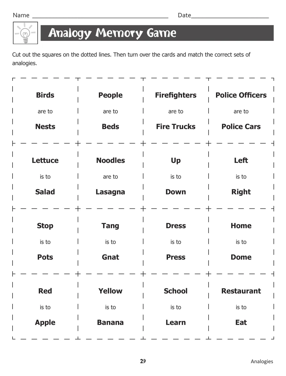 Analogy Memory Game: students cut out 16 word-pair cards like Birds are to Nests and match pairs of related analogies
