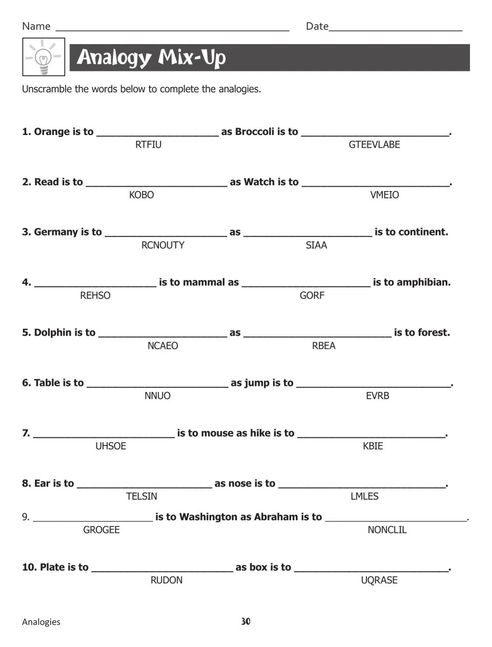 Analogy Mix-Up: students unscramble words such as RTFIU and GTEEVLABE to fill in the blanks of 10 analogies