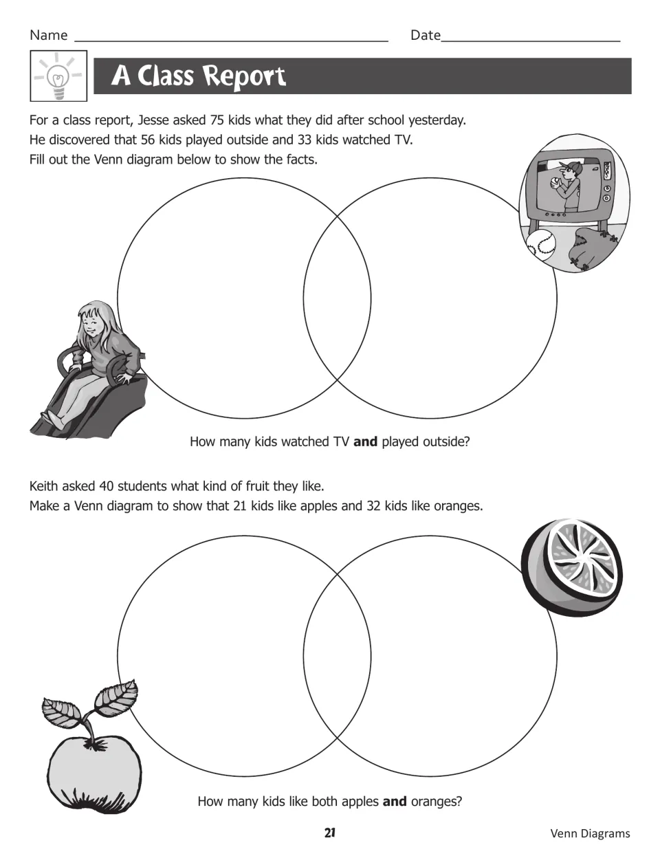 A Class Report: students use survey totals to fill two Venn diagrams, TV vs. outdoor play and apples vs. oranges
