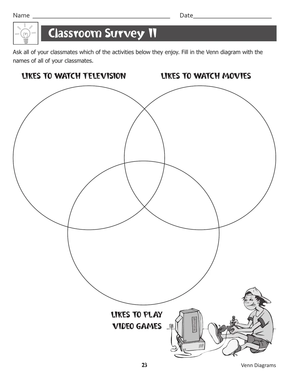 Classroom Survey II: students sort classmates' names by liking TV, movies or video games in a 3-circle Venn diagram