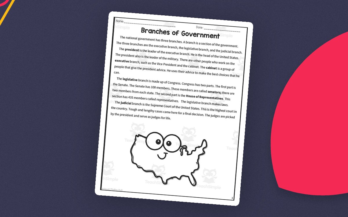 Branches of Government Reading Packet – 3rd Grade preview: One-page reading about three U.S