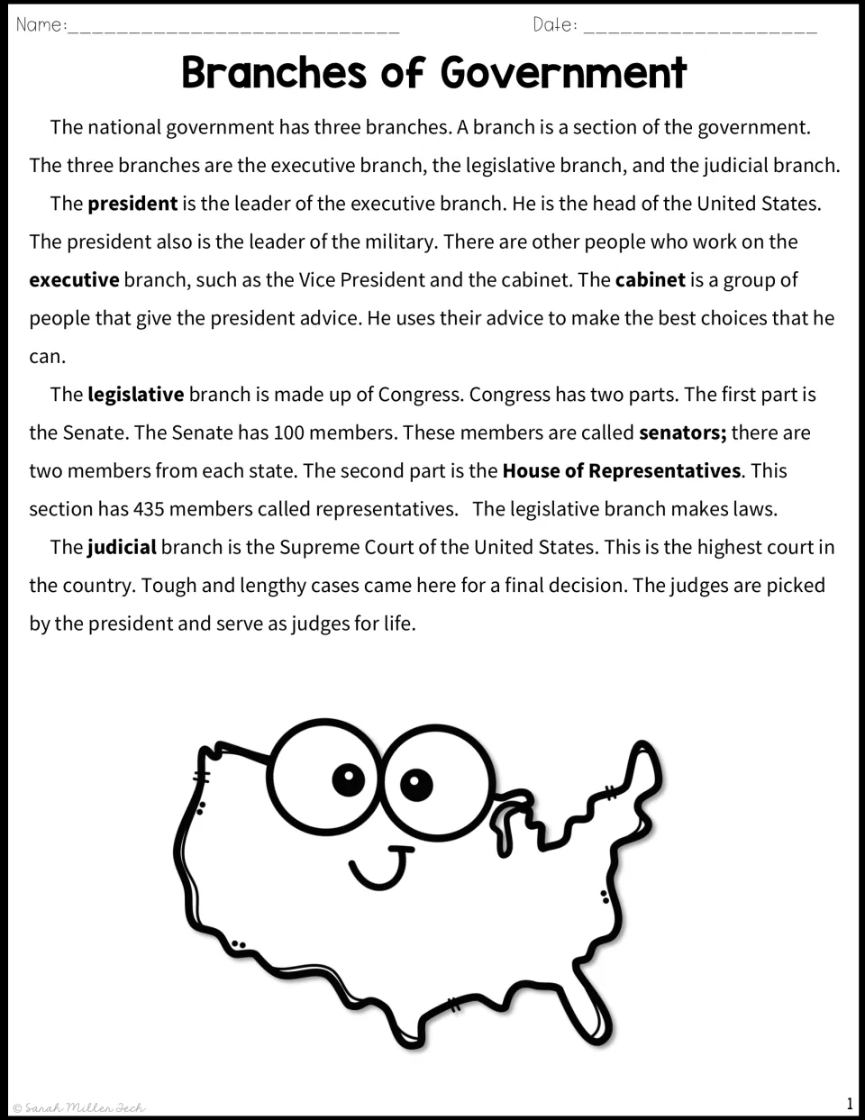 Three branches of government reading passage: students read about the president, Congress and the Supreme Court