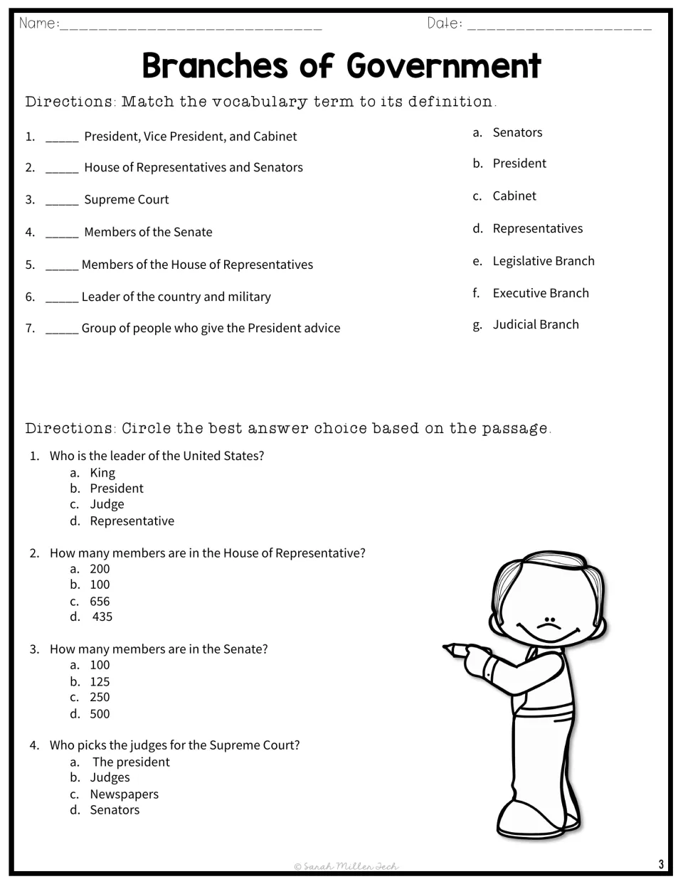 Government vocabulary matching and multiple choice: students match 7 terms, then answer 4 passage questions