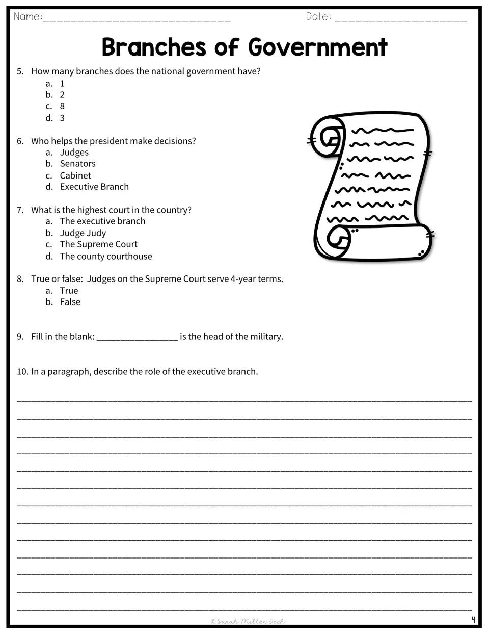 Comprehension questions 5 to 10: multiple choice, true or false, a fill-in and a paragraph on the executive branch