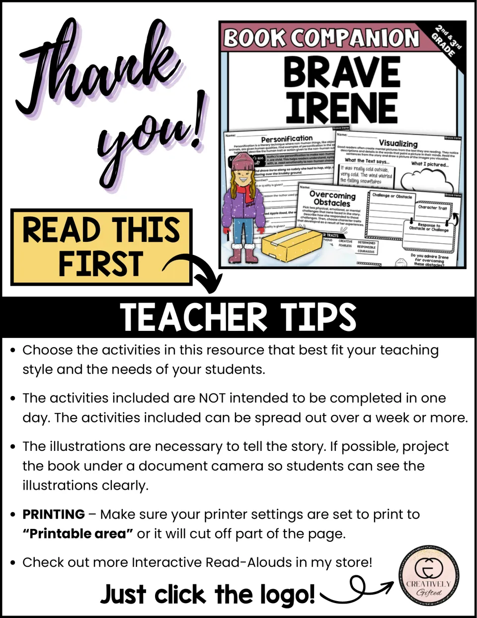 Teacher tips for the book companion: choosing activities, pacing lessons, showing illustrations, and printing