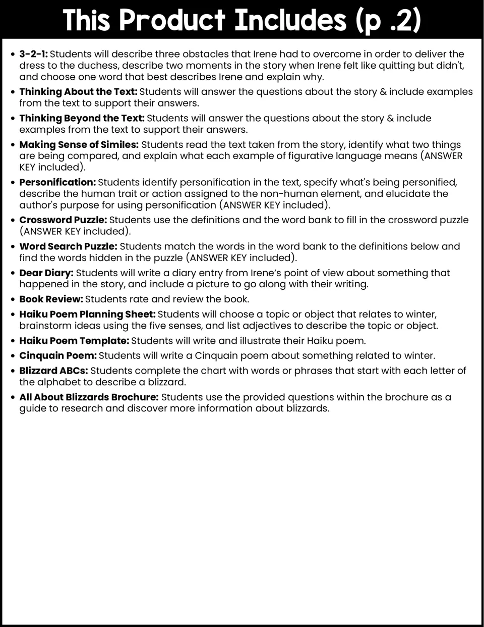 Activity overview, part 2: text questions, similes, personification, puzzles, poetry, and blizzard research